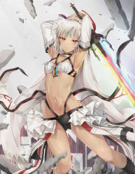 Rule 34 | 10s, 1girl, altera (fate), armpits, arms up, bandeau, black nails, black panties, black socks, blurry, breasts, cleavage, collarbone, dark-skinned female, dark skin, debris, depth of field, detached sleeves, fate/extella, fate/extra, fate (series), full-body tattoo, glint, grey background, grey hair, half-closed eyes, halterneck, highres, holding, holding sword, holding weapon, kneehighs, leg tattoo, legs apart, looking at viewer, nail polish, navel, panties, parted lips, photon ray (fate), pubic tattoo, red eyes, rock, short hair, showgirl skirt, skirt, small breasts, socks, solo, stomach, stomach tattoo, sword, taro (ultrataro), tattoo, underwear, veil, weapon, white bandeau, white skirt, wind