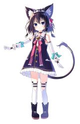 Rule 34 | 1girl, animal ears, bad id, bad pixiv id, bell, black hair, blue eyes, bow, cat ears, cat tail, choker, detached sleeves, full body, gloves, hair bow, hair ribbon, hairband, looking at viewer, low twintails, original, ribbon, satou (3366 s), short hair, simple background, smile, solo, tail, thighhighs, twintails, virtual youtuber, white background, white gloves, white thighhighs, zettai ryouiki
