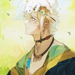 Rule 34 | 1boy, animal, blonde hair, choker, hair ornament, highres, jewelry, looking up, male focus, necklace, nu carnival, open clothes, outdoors, quincy (nu carnival), short hair, sitting, sitting on head, sitting on person, topper (nu carnival)