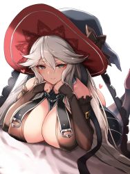 Rule 34 | 1girl, bare shoulders, black thighhighs, blush, breasts, cleavage, detached sleeves, granblue fantasy, hair between eyes, hat, highres, large breasts, long hair, looking at viewer, lying, magisa (granblue fantasy), on stomach, sessue, silver hair, smile, solo, thighhighs, very long hair, witch hat