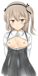 Rule 34 | 10s, 1girl, arms behind back, asymmetrical hair, black dress, blonde hair, blush, breasts, breasts out, closed mouth, collared shirt, dress, expressionless, eyebrows, girls und panzer, hairband, kuragari, long hair, long sleeves, looking at viewer, nipples, open clothes, open shirt, red eyes, shimada arisu, shirt, side ponytail, small breasts, solo, underbust, white shirt, wing collar