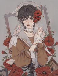 Rule 34 | 1boy, artist name, bandages, bandaid, bandaid on cheek, bandaid on face, black hair, black nails, bone, brown shirt, clapping, flower, framed, grey eyes, hat, highres, huang chan, leaf, nail polish, original, paper, poppy (flower), red flower, school uniform, shirt, short hair, solo, stitched arm, stitched neck, stitches, wavy hair
