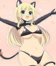 Rule 34 | 1girl, animal ear fluff, animal ears, arms up, bikini, black bikini, blonde hair, blue eyes, blunt bangs, blush, bow, breasts, cat ears, cat girl, cat tail, commentary request, cowboy shot, gantz, gantz suit, hair ornament, hairclip, highres, large breasts, lets0020, long hair, looking at viewer, medium bangs, navel, open mouth, pink background, red bow, senran kagura, shrug (clothing), sidelocks, smile, solo, swimsuit, tail, tail bow, tail ornament, yomi (senran kagura)