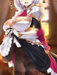 Rule 34 | 1girl, absurdres, apron, arm guards, armor, armored dress, artist name, ascot, black pantyhose, blush, boobplate, breastplate, breasts, chain, cleavage, clothes lift, covered navel, dress, dress lift, flower, genshin impact, gold chain, head out of frame, highres, large breasts, lifted by self, maid, maid apron, noelle (genshin impact), open mouth, pantyhose, red ascot, rose, shoulder armor, silver hair, skirt, skirt lift, solo, sunset, thekurieta, thighband pantyhose, vambraces, watermark, window