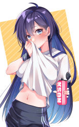 Rule 34 | 1girl, ahoge, black shorts, black wristband, blue eyes, blue hair, bottle, breasts, character name, clothes lift, commentary, gym shorts, holding, holding bottle, kson, large breasts, lifting own clothes, long hair, looking at viewer, mole, mole under eye, multicolored hair, n gyou, navel, purple hair, shirt, shorts, souchou, streaked hair, sweat, symbol-only commentary, virtual youtuber, vshojo, water bottle, white shirt, wristband
