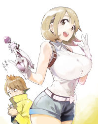Rule 34 | 10s, 1girl, bare shoulders, belt, breasts, brown eyes, brown hair, energy gun, gamon yuuta, gloves, hair ornament, hairclip, heart hair ornament, highres, large breasts, looking at viewer, matching hair/eyes, mob (artist), narusawa ryouka, occultic;nine, pinky out, ray gun, short hair, short shorts, shorts, simple background, smile, solo, text focus, thighs, translation request, trigger discipline, weapon, white background, white gloves