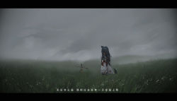 Rule 34 | 1girl, absurdres, animal ears, arknights, black hair, blood, blood on clothes, chinese text, coat, ear piercing, grass, grey sky, highres, lappland (arknights), letterboxed, long hair, official alternate costume, outdoors, overcast, piercing, planted, planted sword, planted weapon, sky, solo, sword, tail, texas (arknights), texas (winter messenger) (arknights), translated, very long hair, weapon, white coat, wolf ears, wolf girl, wolf tail, yangli myrica