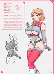 Rule 34 | 1girl, breasts, character profile, covered erect nipples, covered navel, cup size, dmitry 77, english text, green eyes, highres, information sheet, large breasts, leotard, mask, original, sachiko (project 004), science fiction, see-through, short hair, solo, spacesuit, thick thighs, thighhighs, thighs, underboob, uniform, wide hips
