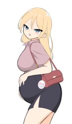 Rule 34 | 1girl, bag, big belly, black skirt, blonde hair, blue eyes, blush, breasts, from side, hair behind ear, hair between eyes, handbag, hands on own stomach, highres, large breasts, leaning forward, long hair, looking at viewer, office lady, open mouth, original, pencil skirt, pregnant, skirt, solo, white background, yumu yumu