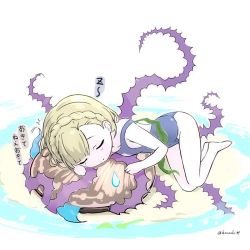 Rule 34 | 1girl, artist name, blonde hair, blue one-piece swimsuit, briar rose (sinoalice), closed eyes, closed mouth, full body, kamemushi (hoozuki), one-piece swimsuit, plant, sand, seashell, shell, simple background, sinoalice, sleeping, solo, swimsuit, vines, water, white background