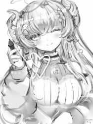 Rule 34 | 1girl, ahoge, bow, breasts, cleavage, closed mouth, double bun, greyscale, hair bow, hair bun, head tilt, heart, highres, holding, holding stylus, hololive, large breasts, long hair, long sleeves, looking at viewer, monochrome, nanashi (nlo), one eye closed, simple background, smile, solo, stylus, tsunomaki watame, upper body, virtual youtuber, white background
