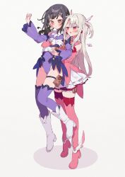 Rule 34 | 2girls, absurdres, black hair, blush, boots, brown eyes, carrying, commentary, detached sleeves, fate/kaleid liner prisma illya, fate (series), full body, gloves, grey background, grey hair, hair ornament, highres, hug, hug from behind, illyasviel von einzbern, leotard, long hair, magical girl, miyu edelfelt, multiple girls, open mouth, pink eyes, pink footwear, pink theme, prisma illya, purple leotard, purple sleeves, purple thighhighs, short hair, simple background, standing, thigh boots, thigh strap, thighhighs, thighs, tomo (ryo i so ), two side up, white footwear, white gloves, x hair ornament, yuri