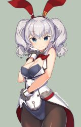 Rule 34 | 1girl, adapted costume, anchor, animal ears, black pantyhose, blue eyes, blush, breasts, cleavage, commentary request, fake animal ears, gloves, hair between eyes, hand on own cheek, hand on own face, highres, kantai collection, kashima (kancolle), large breasts, leotard, looking at viewer, pantyhose, playboy bunny, rabbit ears, silver hair, simple background, sleeveless, smile, solo, standing, twintails, twitter username, wavy hair, white gloves, wrist cuffs, yukimura tsubame