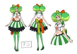 Rule 34 | 1girl, ann (one piece), big hair, breasts, character sheet, dress, female focus, freckles, gradient hair, green hair, hair ribbon, large breasts, long hair, looking to the side, multicolored hair, multiple views, navel, one piece, one piece: stampede, ribbon, simple background, skirt, smile, standing, translation request