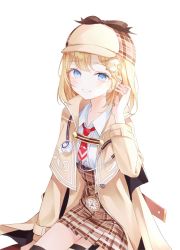 Rule 34 | 1girl, :d, adjusting hair, blonde hair, blouse, blue eyes, brown capelet, capelet, coat, collared shirt, garter straps, hat, highres, hololive, hololive english, long sleeves, monocle, mustache print, nabi (uz02), necktie, open mouth, plaid, plaid skirt, pocket watch, red necktie, shirt, short hair, simple background, sitting, skirt, smile, solo, stethoscope, virtual youtuber, watch, watson amelia, watson amelia (1st costume), white background, white shirt