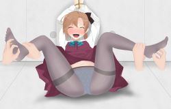 Rule 34 | 10s, 1girl, akigumo (kancolle), arms up, artist request, ass, bdsm, black bow, black pantyhose, blue bow, blue panties, blush, bondage, bound, bow, brown hair, disembodied hand, drooling, closed eyes, feet, full body, grey background, hair bow, hair ornament, highres, indoors, kantai collection, legs up, long sleeves, lying, navel, on back, open mouth, own hands together, panties, panties under pantyhose, pantyhose, red skirt, rope, saliva, school uniform, see-through, serafuku, shirt, short hair, simple background, skirt, smile, solo, spread legs, tears, teeth, thighband pantyhose, tickling, underwear, upskirt, vest, white shirt
