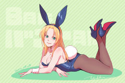 Rule 34 | 1girl, alternate costume, animal ears, blonde hair, blue eyes, blue footwear, blue leotard, breasts, brown pantyhose, cleavage, commentary request, detached collar, fredegund, gensou suikoden, gensou suikoden tierkreis, high heels, large breasts, leotard, long hair, looking at viewer, lying, on stomach, pantyhose, playboy bunny, rabbit ears, rabbit tail, rangetsu yukka, solo, strapless, strapless leotard, tail, wrist cuffs