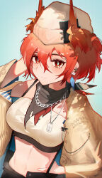 Rule 34 | 1girl, absurdres, arknights, bandana, breasts, commentary request, fiammetta (arknights), hand on own hip, highres, huajiaohaibao, large breasts, midriff, navel, official alternate costume, pointy hair, red eyes, red hair, short hair, solo, stomach, strapless, suspenders, tube top, upper body, white headwear