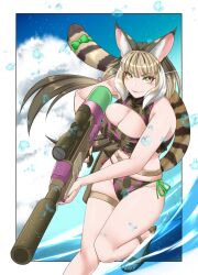 Rule 34 | 1girl, animal ears, beach, belt, bikini, blue sky, camouflage, cat ears, cat girl, cat tail, extra ears, green eyes, grey hair, highres, jungle cat (kemono friends), kawanami eito, kemono friends, kemono friends v project, long hair, looking at viewer, ribbon, sandals, sky, solo, summer, swimsuit, tail, twintails, virtual youtuber, water gun