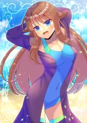 Rule 34 | 1girl, :d, arms behind head, arms up, beach, black robe, blue eyes, blue one-piece swimsuit, blue sky, blurry, blurry background, breasts, brown hair, cleavage, cloud, collarbone, commentary request, commission, covered navel, day, depth of field, fang, kou hiyoyo, long hair, looking at viewer, medium breasts, ocean, one-piece swimsuit, open clothes, open mouth, open robe, original, outdoors, robe, sand, skeb commission, sky, smile, solo, swimsuit, swimsuit under clothes, very long hair, water