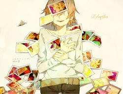 Rule 34 | 1boy, brown hair, crystal, english text, long sleeves, male focus, newo (shinra-p), original, photo (object), solo