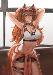 Rule 34 | 1girl, :o, absurdres, ai-bon, angelina (arknights), animal ears, arknights, armpits, arms behind head, arms up, artist name, blush, breasts, brown eyes, brown hair, cleavage, clothes around waist, contrapposto, dolphin shorts, hairband, highres, indoors, infection monitor (arknights), large breasts, long hair, looking at viewer, midriff, navel, open mouth, orange hairband, short shorts, shorts, sidelocks, solo, sports bra, stomach, sweater, sweater around waist, thigh strap, twintails, window