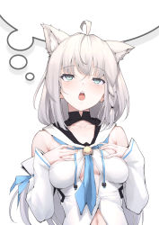 Rule 34 | 1girl, ahoge, animal ear fluff, animal ears, bare shoulders, blank thought bubble, blue neckerchief, blush, braid, breasts, breasts apart, detached sleeves, extra ears, fox ears, fox girl, green eyes, hair between eyes, hands on own chest, highres, hololive, hood, hood down, hoodie, long hair, medium breasts, mitsuru (pixiv 34028718), navel, neckerchief, open mouth, shirakami fubuki, shirakami fubuki (1st costume), sidelocks, simple background, single braid, solo, thought bubble, upper body, virtual youtuber, white background, white hair, white hoodie, wide sleeves