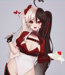 Rule 34 | 1girl, absurdres, ahoge, black hair, breast strap, breasts, cake, cleavage, commentary, english commentary, food, fruit, grey background, heart, heart ahoge, heart hair, highres, holding, holding knife, holding plate, indie virtual youtuber, knife, leaning to the side, leotard, medium breasts, momote (vtuber), multicolored hair, plate, shrug (clothing), sky above me, smile, solo, strawberry, thighhighs, two-tone hair, virtual youtuber, white hair, white leotard, wide hips