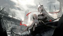 Rule 34 | 1girl, absurdres, apple, arknights, bare legs, barefoot, black nails, black ribbon, breasts, cityscape, commentary request, feet, food, fruit, full body, hair ornament, highres, horns, infection monitor (arknights), jewelry, long hair, medium breasts, mudrock (arknights), mudrock (silent night) (arknights), nail polish, necklace, official alternate costume, outdoors, parted lips, pointy ears, red eyes, red ribbon, ribbon, simple background, sitting, solo, toenail polish, toenails, very long hair, xiaoshan jiang