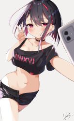 Rule 34 | 1girl, absurdres, bad id, bad pixiv id, black hair, black shirt, black shorts, blush, breasts, bright pupils, cellphone, cleavage, closed mouth, collarbone, commentary request, cowboy shot, crop top, dutch angle, expressionless, fingernails, hair between eyes, highres, looking at viewer, lows., medium breasts, midriff, multicolored hair, navel, open fly, original, perspective, phone, pink eyes, selfie, shirt, short hair, shorts, signature, simple background, smartphone, solo, standing, stomach, streaked hair, thighs, twisted torso, v, white background, white pupils