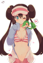 Rule 34 | 1girl, bikini, blush, bow, bow bikini, breasts, brown hair, chestnut mouth, cleavage, commentary request, creatures (company), double bun, frilled bikini, frills, game freak, gen 5 pokemon, hair between eyes, hair bun, hand up, heart, highres, jacket, long hair, long sleeves, medium breasts, muuran, nintendo, one eye closed, open clothes, open jacket, parted lips, poke ball, poke ball (basic), pokemon, pokemon (creature), pokemon bw2, rosa (pokemon), signature, simple background, sleeves past fingers, sleeves past wrists, snivy, spoken heart, striped bikini, striped clothes, swimsuit, twintails, upper body, very long hair, visor cap, white background, white headwear, white jacket