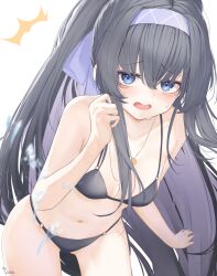 Rule 34 | 1girl, ^^^, artist name, bikini, black bikini, black hair, blue archive, blue eyes, blue hairband, blue ribbon, breasts, collarbone, commentary request, hair between eyes, hair ribbon, hairband, highres, jewelry, long hair, looking at viewer, necklace, o-ring, o-ring bikini, o-ring bottom, o-ring top, open mouth, ponytail, ribbon, small breasts, solo, swimsuit, tachibana shiori (suica 112), ui (blue archive), very long hair