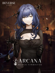 Rule 34 | 1girl, arcana (reverse:1999), black dress, black gloves, black liquid, blue hair, blurry, blurry background, breasts, character name, cleavage, cleavage cutout, closed mouth, clothing cutout, copyright name, dress, elbow gloves, english text, gloves, hair between eyes, hair intakes, hair over shoulder, hand up, head tilt, highres, indoors, large breasts, latin text, light smile, logo, long sleeves, looking at viewer, low ponytail, official art, reverse:1999, side cutout, sidelocks, solo, upper body, wand in head, yellow eyes