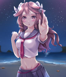 Rule 34 | 1girl, :o, ahoge, alternate costume, animal ears, arknights, beach, blush, breasts, brown eyes, brown hair, chinese commentary, commentary request, crop top, eyjafjalla (arknights), hand up, holding, horns, long hair, looking at viewer, medium breasts, midriff, navel, neckerchief, night, night sky, ocean, pleated skirt, purple skirt, red neckerchief, rock.fc, sailor collar, sailor shirt, school uniform, serafuku, sheep ears, sheep horns, shirt, short sleeves, skirt, sky, solo, star (sky), starfish, starry sky, stomach, upper body, white shirt