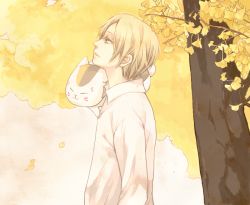 Rule 34 | 1boy, autumn, blonde hair, cat, looking up, natsume takashi, natsume yuujinchou, nyanko-sensei, shirt, smile, standing, suihou, tree
