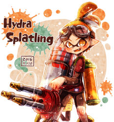 Rule 34 | 1boy, bad id, bad pixiv id, bike shorts, black shorts, cowboy shot, english text, fang, goggles, goggles on head, hair slicked back, harutarou (orion 3boshi), holding, holding weapon, hydra splatling (splatoon), ink tank (splatoon), inkling, inkling (language), inkling boy, inkling player character, layered sleeves, long sleeves, looking at viewer, male focus, nintendo, open mouth, orange eyes, orange hair, pointy ears, red shirt, scrunchie, shirt, short hair, short over long sleeves, short sleeves, shorts, single vertical stripe, smile, solo, splatoon (series), splatoon 1, standing, tentacle hair, topknot, weapon