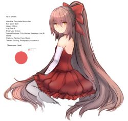 Rule 34 | 1girl, absurdly long hair, bow, brown hair, choker, closed mouth, commentary, dress, elbow gloves, english commentary, from behind, gloves, grey pantyhose, hair bow, long hair, looking at viewer, looking back, original, pantyhose, ponytail, red bow, red dress, sitting, solo, temachii, very long hair, wariza, white gloves, yellow eyes
