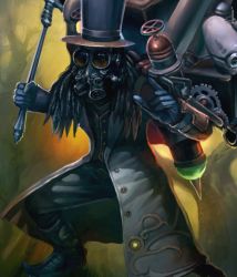 Rule 34 | 1boy, artist request, black gloves, black hair, boots, card (medium), chaos online, coat, gas mask, gloves, gradient background, hat, long hair, male focus, mask, nakacha (chaos online), nature, official art, plant, solo, top hat