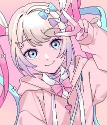 Rule 34 | blonde hair, blue eyes, bow, bowtie, chouzetsusaikawa tenshi-chan, eencya, hair ornament, hood, hoodie, looking at viewer, needy girl overdose, pink hoodie, pink nails, simple background, smile, v