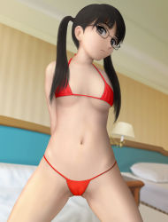 Rule 34 | 1girl, arms behind back, bare shoulders, bed, bikini, black eyes, black hair, breasts, cameltoe, character request, eyebrows, glasses, highres, kneeling, lamp, long hair, looking at viewer, navel, on bed, original, pillow, red bikini, siraha, small breasts, solo, swimsuit, twintails, underboob