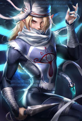 Rule 34 | 1girl, androgynous, artist name, bandages, blonde hair, bodysuit, covering own mouth, gem, hair over one eye, hat, holding, holding weapon, hyrule warriors, jewelry, kunai, leg up, long hair, looking at viewer, ninja, nintendo, red eyes, sakimichan, sarashi, scarf, sheik, skin tight, solo, symbol, the legend of zelda, the legend of zelda: ocarina of time, turban, upper body, very long hair, watermark, weapon, web address, white scarf, wrist wrap
