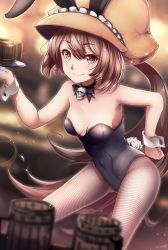 Rule 34 | 1girl, animal ears, bad id, bad pixiv id, black leotard, black ribbon, blurry, blurry background, blurry foreground, breasts, brown eyes, brown hair, brown hat, choker, cleavage, fake animal ears, fishnet pantyhose, fishnets, floating hair, guilty gear, hair between eyes, hand on own hip, hat, highres, holding, leotard, long hair, may (guilty gear), otsumami (otsu-mugi), pantyhose, playboy bunny, ponytail, rabbit ears, rabbit tail, ribbon, ribbon choker, skull, small breasts, smile, solo, sparkle, strapless, strapless leotard, tail, very long hair, wrist cuffs