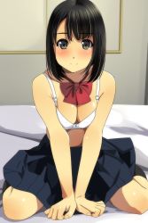 Rule 34 | 1girl, bare shoulders, bed sheet, black hair, black legwear, black skirt, bow, bowtie, bra, breasts, cleavage, closed mouth, collarbone, green eyes, highres, indoors, looking at viewer, matsunaga kouyou, medium breasts, medium skirt, multicolored hair, on bed, original, own hands together, red bow, red bowtie, shiny skin, short hair, sitting, skirt, smile, solo, streaked hair, tareme, underwear, v arms, wariza, white bra, white legwear