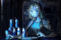 Rule 34 | 1girl, blonde hair, blue eyes, bubba (watson amelia), can, chair, coffee mug, cup, drinking straw, energy drink, facial hair, glasses, hair ornament, highres, hololive, hololive english, keyboard (computer), mouse (computer), mug, mustache, office chair, quasarcake, red bull, screen light, shirt, solo, swivel chair, virtual youtuber, watson amelia