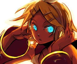 Rule 34 | 1girl, bare shoulders, blonde hair, blue eyes, bow, detached sleeves, expressionless, glowing, glowing eyes, hair bow, hands on own face, headphones, kagamine rin, looking at viewer, open mouth, portrait, short hair, simple background, solo, solo focus, sugikiyu, upper body, vocaloid, white background