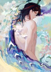 Rule 34 | 1boy, achichi ovo, aqua hair, back tattoo, bird, black hair, branch, closed mouth, commentary, dressing, earrings, english commentary, eyeliner, flower, from behind, highres, jewelry, long hair, looking at viewer, makeup, male focus, mixed-language commentary, multicolored hair, nijisanji, nijisanji en, nude, paint, profile, red flower, red hair, sideways glance, solo, streaked hair, tassel, tassel earrings, tattoo, toned, toned male, upper body, virtual youtuber, vox akuma, waves, white flower, yellow eyes