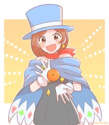 Rule 34 | 1girl, :d, ace attorney, blue cape, blue hat, blush, brown eyes, brown hair, cape, dress, earrings, food, fruit, gloves, hat, jewelry, magician, mai8484, mandarin orange, open mouth, red scarf, scarf, short hair, smile, solo, top hat, trucy wright, white gloves