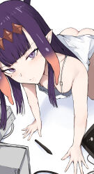 Rule 34 | 1girl, absurdres, all fours, alternate costume, blush, breasts, highres, hololive, hololive english, long hair, looking at viewer, mole, mole under eye, naked shirt, ninomae ina&#039;nis, pointy ears, purple eyes, sak1 01, shirt, small breasts, solo, stylus, tentacle hair, very long hair, virtual youtuber, white shirt