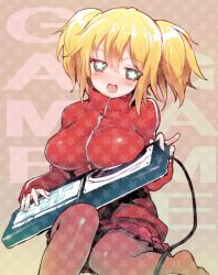 Rule 34 | 1girl, :d, bad id, bad pixiv id, blonde hair, blush, bms of fighters, breast rest, breasts, brown pantyhose, cable, english text, game-ko, green eyes, head tilt, holding, jacket, large breasts, long sleeves, looking at viewer, miniskirt, mutsutake, no shoes, open mouth, pantyhose, phonograph, playing games, pleated skirt, short hair, short twintails, single vertical stripe, sitting, skirt, smile, solo, star-shaped pupils, star (symbol), symbol-shaped pupils, track jacket, turntable, turtleneck, twintails, zipper