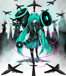 Rule 34 | 1girl, aircraft, airplane, alternate costume, angry, aqua eyes, aqua hair, armband, bad anatomy, bad id, bad pixiv id, belt, black pantyhose, boots, cable, foreshortening, gloves, hair over one eye, hatsune miku, highres, holding, koi wa sensou (vocaloid), long hair, long skirt, looking at viewer, megaphone, military, necktie, pale skin, pantyhose, sirnoa, skirt, solo, thigh boots, thighhighs, tsurime, twintails, very long hair, vocaloid, walking